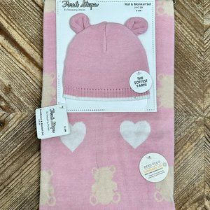 Stepping Stones First Steps Hat & Blanket Set in Pink with Hearts and Bears -NEW